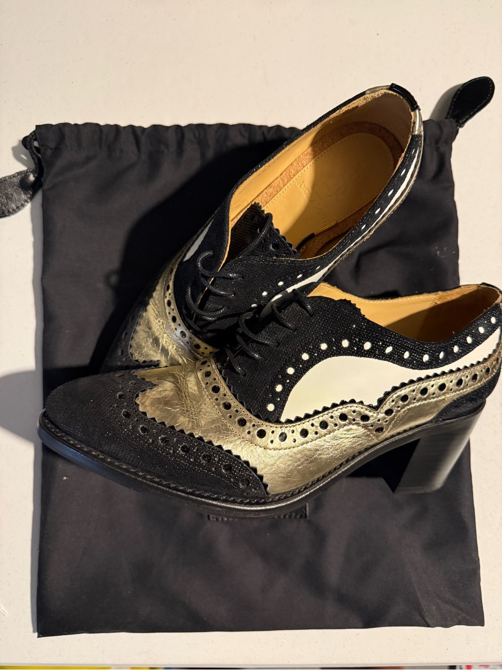 The Office of Angela Scott Black and Gold Wingtip Dress Shoes - 38 1/2 / US 8.5